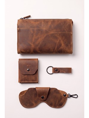 %100 Hakiki Crazy Dana Derisi (El Çantası , Cüzdan , Gözlük Kılıfı , Anahtarlık) Set'i Şık Minimalist