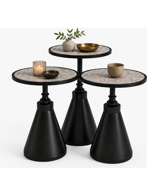 Roya Lüks Siyah Metal Gövdeli Kütük Tabla Desenli Luxury Üçlü Sehpa