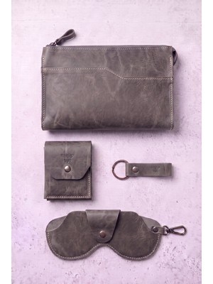 %100 Hakiki Crazy Dana Derisi (El Çantası , Cüzdan , Gözlük Kılıfı , Anahtarlık) Set'i Şık Minimalist