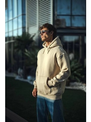Tarz Yeri Erkek 3 İplik Pamuklu Kapüşonlu Basic SweatShirt Hoodie - Bej