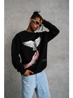 Tarz Yeri Erkek Güvercin Baskılı 3 iplik Bisiklet Yaka ipamuklu Sweatshirt - Siyah