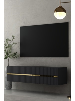 Dekortis Home Dekor 120DHDTDA5AA Tedy Lazer Pleksi Desenli Duvara Monte Tv Sehpası Antrasit-Altın