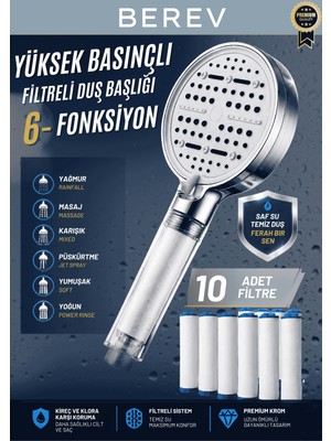 Berev 6 Fonksiyonlu Filtreli Duş Başlığı Krom Renk (10ADET Yedek Filtre)| Su Arıtmalı, Klor ve Kireç Önleyici, Yüksek Basınçlı