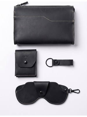 %100 Hakiki Crazy Dana Derisi (El Çantası , Cüzdan , Gözlük Kılıfı , Anahtarlık) Set'i Şık Minimalist