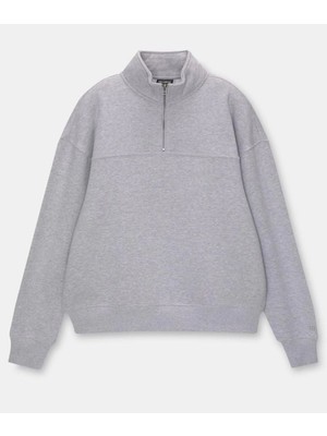 Oversize Yarım Farmuarlı Yakalı Basic Sweatshirt - Gri