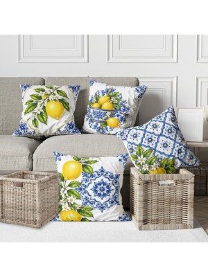 Alkan Homes 4 Lü Kombin Çini Desenli Limonlu Dijital Baskılı Kırlent Kılıfı