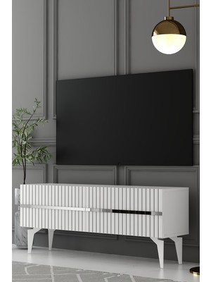 Dekortis Home Dekor 120DHDTS5BG Tedy Lazer Pleksi Desenli Tv Sehpası Beyaz-Gümüş