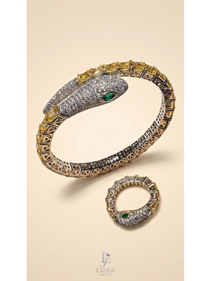 Leifa Jewelry Leıfa Lamia Yılan Bileklik & Yüzük Seti – 925 Ayar Gümüş, 18 Ayar Altın Kaplama, Sitrin Taşlı