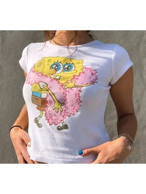 Moonstyle Collection Beyaz Sünger Bob Pinterest Basic Crop T-Shirt