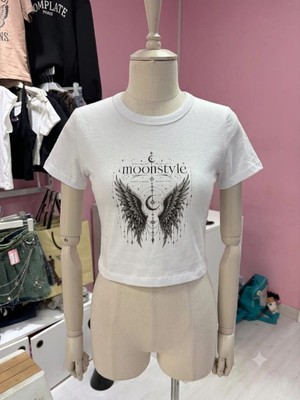 Moonstyle Collection Beyaz Moonstyle Melek Kanat Baskılı Crop