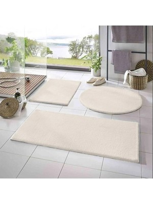 Valery Home Yıkanabilir Kaymaz Taban Post Peluş Banyo Paspası Üçlü Takım Ekru