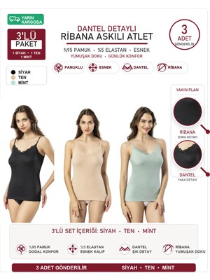 İncili Tekstil Kadın Ribana Pamuklu Dantelli Ip Askılı Atlet 3'lü Set Avantaj Paketi