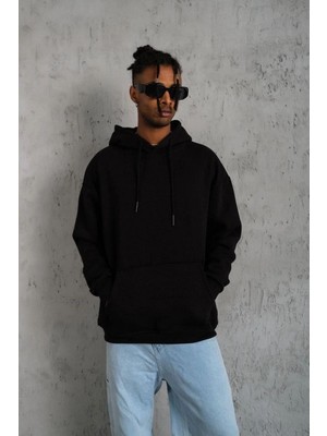 Tarz Yeri Erkek 3 İplik Pamuklu Kapüşonlu Kanguru Cepli Sweatshirt Hoodie -  Siyah