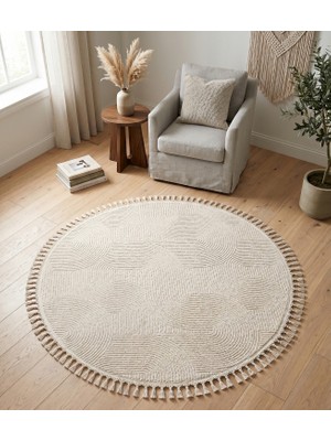 Valery Home Merinos Rölyef Joy Krem Daire Kaymaz Taban Kesme Halı Pon Pon