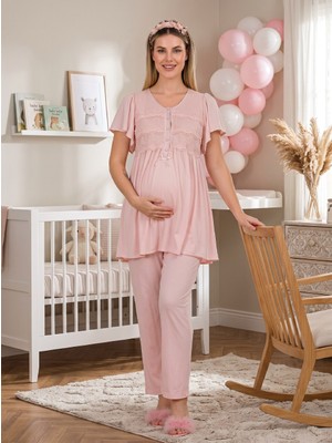 Lohussa Yeni Sezon Pembe Şık Dantel Detaylı Tasarım Kolay Emzirme Özellikli Yazlık Hamile Lohusa Pijama Takımı