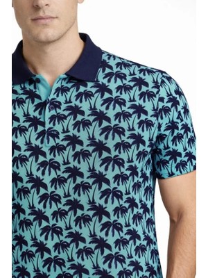 İkales Ikales Erkek Pike Kumaş Polo Yaka Palmiye Desenli Tişört Kısa Kol Yazlık T-Shirt - Turkuaz