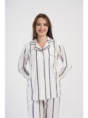 Obje Kadın Beyaz Düğmeli Gömlek Yaka Uzun Kol Pijama Üstü