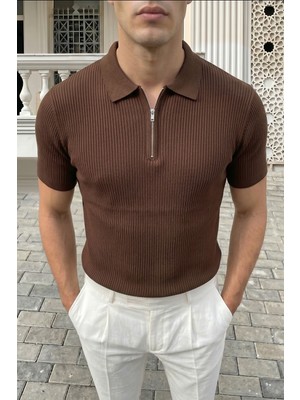 Livio Ferri Orin Premium Fitilli Triko Polo Yaka Yarım Fermuarlı Erkek Tişört