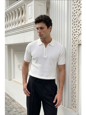 Livio Ferri Orin Premium Fitilli Triko Polo Yaka Yarım Fermuarlı Erkek Tişört