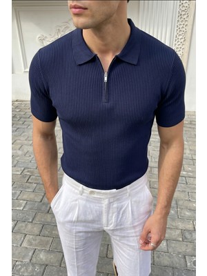Livio Ferri Orin Premium Fitilli Triko Polo Yaka Yarım Fermuarlı Erkek Tişört