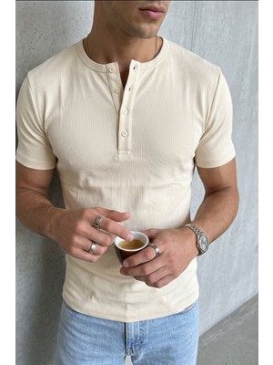 Livio Ferri Liiri %100 Pamuk Premium Fitilli Henley Yaka Yarım Düğmeli Regular Fit Basic Yazlık Erkek Tişört
