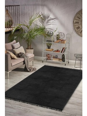 Valery Home Vl Comfort Puffy Ponpon Saçak Peluş Yıkanabilir Siyah Yolluk