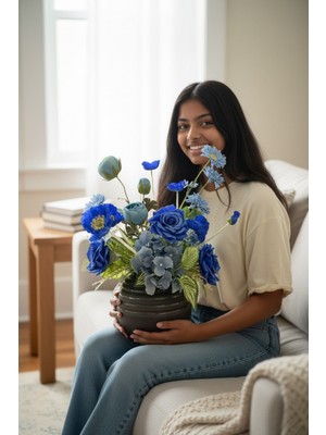 Sedosh Home Vision Siyah Cam Vazoda Mavi Tonlu Yapay Gül Aranjmanı 50 cm Dekoratif Çiçek