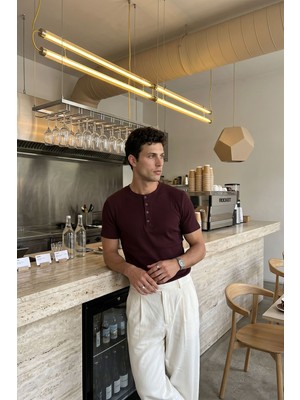 Livio Ferri Liiri %100 Pamuk Premium Fitilli Henley Yaka Yarım Düğmeli Erkek Tişört Regular Fit Basic Yazlık Tişört