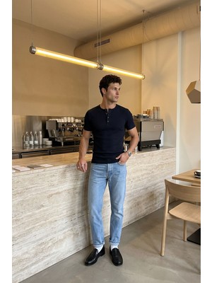 Livio Ferri Liiri %100 Pamuk Premium Fitilli Henley Yaka Yarım Düğmeli Erkek Tişört Regular Fit Basic Yazlık Tişört