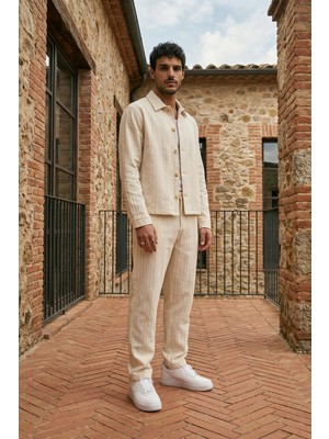 Livio Ferri Talbot Premium Keten Desenli Düğmeli Ceket Pantolon Erkek Takım Relax Kalıp