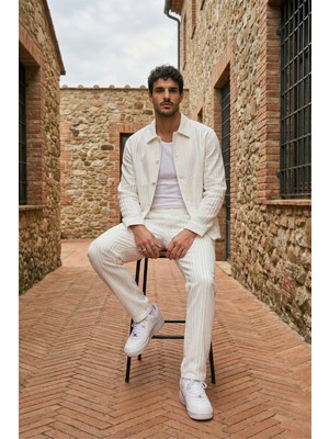Livio Ferri Talbot Premium Keten Desenli Düğmeli Ceket Pantolon Erkek Takım Relax Kalıp