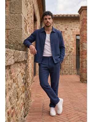 Livio Ferri Talbot Premium Keten Desenli Düğmeli Ceket Pantolon Erkek Takım Relax Kalıp