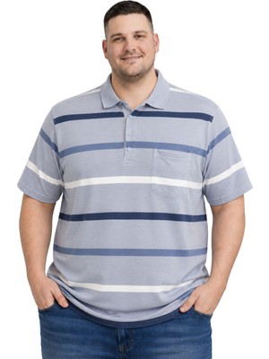 Battal Moda Erkek Büyük Beden Buz Mavi Ince Çizgili Pike Tişört 3xl-4xl-5xl-6xl