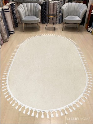 Valery Home Vl Oval Comfort Ponpon Saçaklı Peluş Halı Ekru