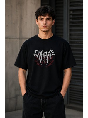 MidasTech Erkek Gotik Yazı Baskılı Oversize Bisiklet Yaka T-Shirt - Siyah