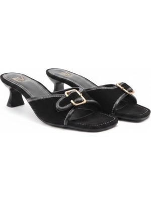Ne&Ve Shoes Siyah Süet Tokalı Kadın Kadeh Ökçeli Terlik
