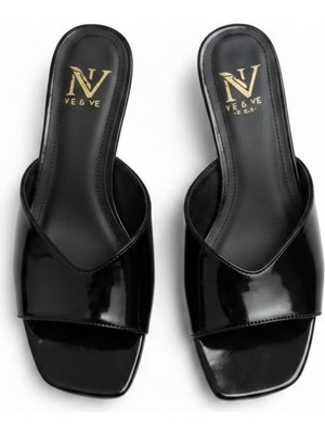 Ne&Ve Shoes Siyah Rugan Kadeh Ökçeli 6 cm Kadın Şık ve Rahat Terlik