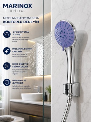 Marinox Asya 5 Fonksiyonlu El Duşu Seti 150 cm Spiral Hortumlu Krom Duş Askılı Duş Başlığı Takımı