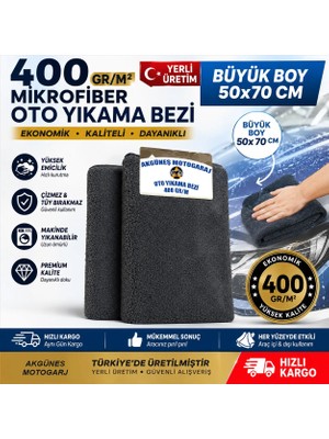 Akgüneş Motogaraj 400 Gsm Mikrofiber Oto Yıkama Kurulama Bezi 50X70 cm Battal Boy - Yerli Üretim, Çizmez, Tüy Bırakmaz, Süper Emici Oto Kurulama Bezi