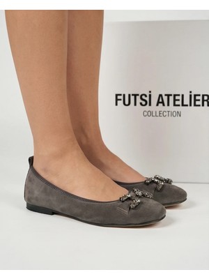 Futsi Shoes Mıstral Füme Süet Hakiki Deri Taş Tokalı Kadın Babet Ayakkabı