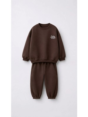 Monila Unisex Çocuk Basic Yazı Detaylı 3 Iplik Kumaş Eşofman Takım