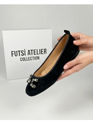 Futsi Shoes Mıstral Siyah Süet Hakiki Deri Taş Tokalı Kadın Babet Ayakkabı