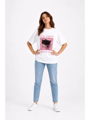 Nevermind The Beast Inside Me Baskılı Unisex Oversize Tişört Siyah Kedi Grafik Tasarım %100 Pamuk Streetwear Tişört