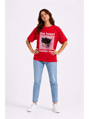 Nevermind The Beast Inside Me Baskılı Unisex Oversize Tişört Siyah Kedi Grafik Tasarım %100 Pamuk Streetwear Tişört