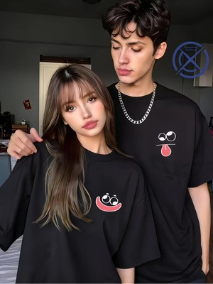 Nevermind Sevgili Kombini Tişört 2’li Set Unisex Minimal Yüz Baskılı Çift Tişört %100 Pamuk