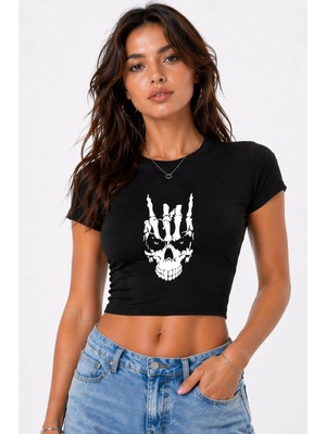 Nevermind Kadın Baby Tee Crop Tişört Kuru Kafa Baskılı Dark Aesthetic Slim Fit %100 Pamuk