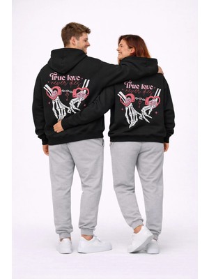 Nevermind Sevgili Kombini True Love Baskılı Oversize Siyah Hoodie Seti Unisex
