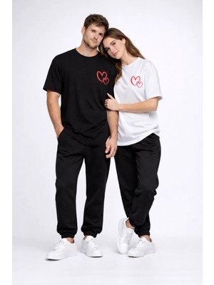 Nevermind Sevgili Kombini Kalp Baskılı Oversize Çift Tişört Unisex Uyumlu Partner Kombin Seti