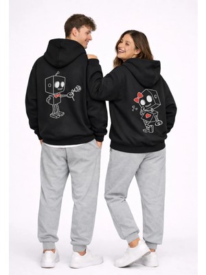 Nevermind Robot Baskılı Sevgili Kombini Oversize Hoodie Seti Kadın Erkek Unisex