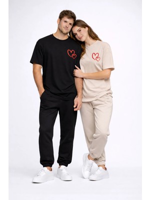 Nevermind Sevgili Kombini Kalp Baskılı Oversize Çift Tişört Unisex Uyumlu Partner Kombin Seti